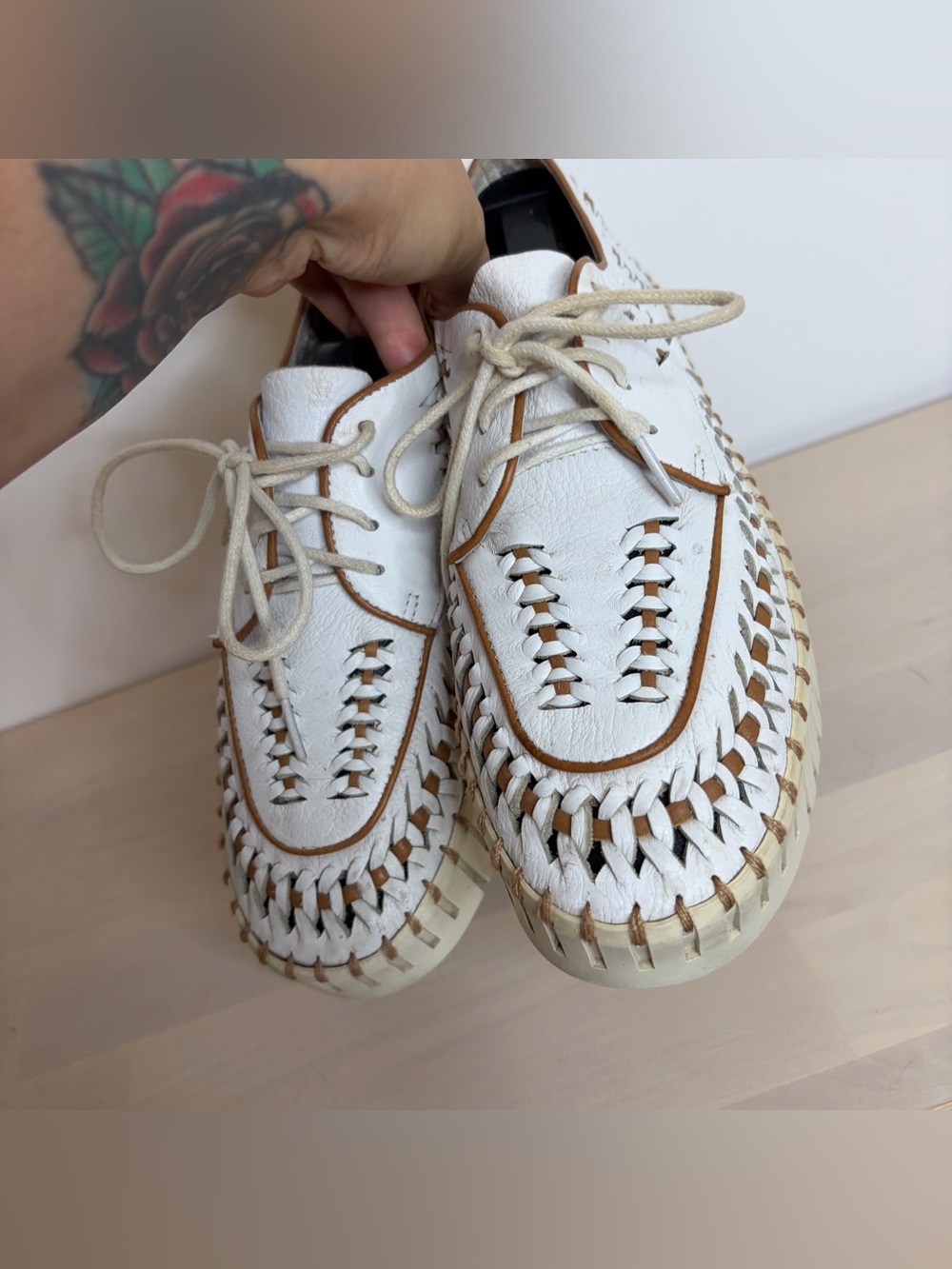 White Woven Platform Lace-Up Sneaker with Tan Trim - Picture 8 of 12